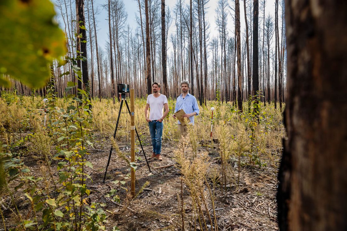 Wissenschaft erforscht Waldumbau in Treuenbrietzen: Carsten Hess re, Dr. Thorsten Welle li. von der Naturwald-Akademie mit Laserscanner zur Vermessung des Baumbestandes.